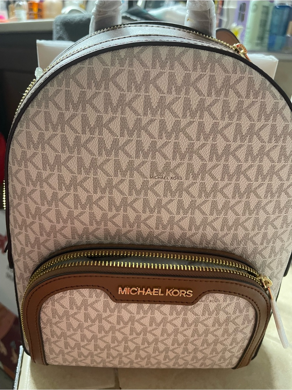 Michael Kors Tan Canvas w/Dark Tan Logo MK Monogram Backpack with Brown Trim